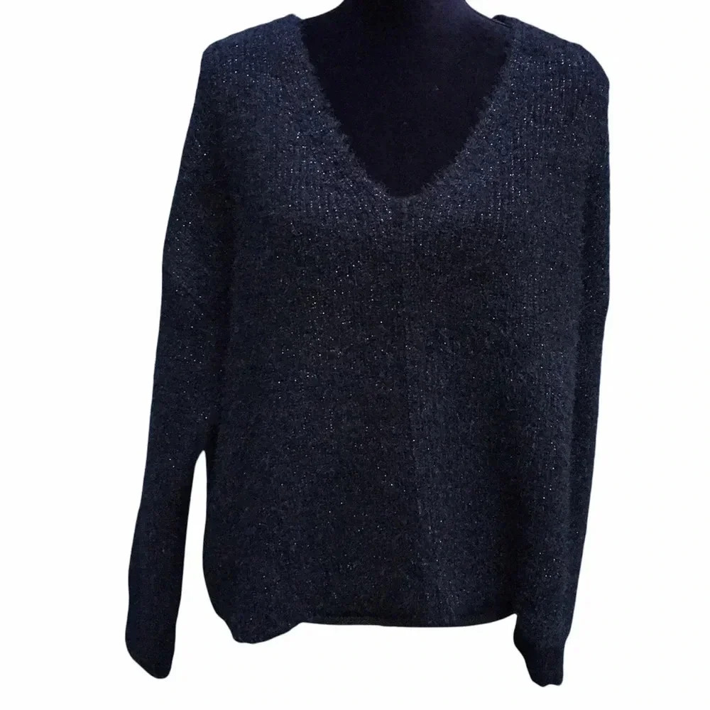 NWT Abound Black Sparkle V-Neck Fuzzy Sweater XL v6x